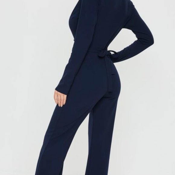 Long Sleeve Navy Blue Belted Plunge Wide Leg Jumpsuit - Picture 4 of 7
